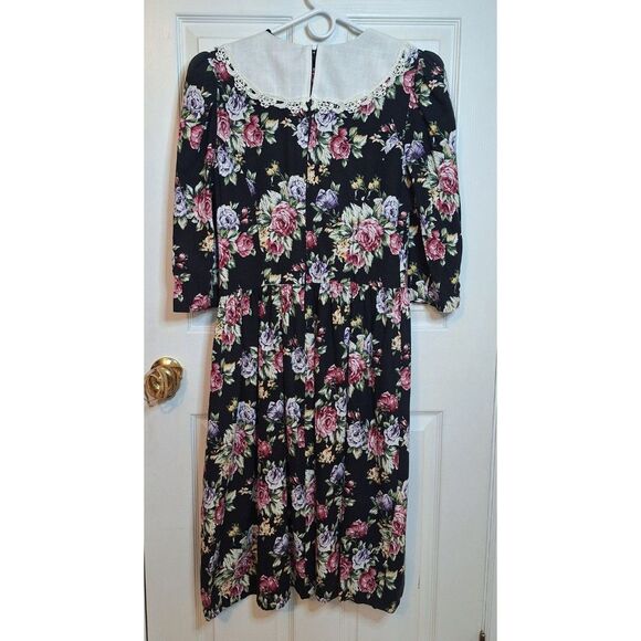 Lisa Petites Vintage 80s Black Floral Lace Bib Collared Neck Midi Dress Size 14 - Picture 2 of 11